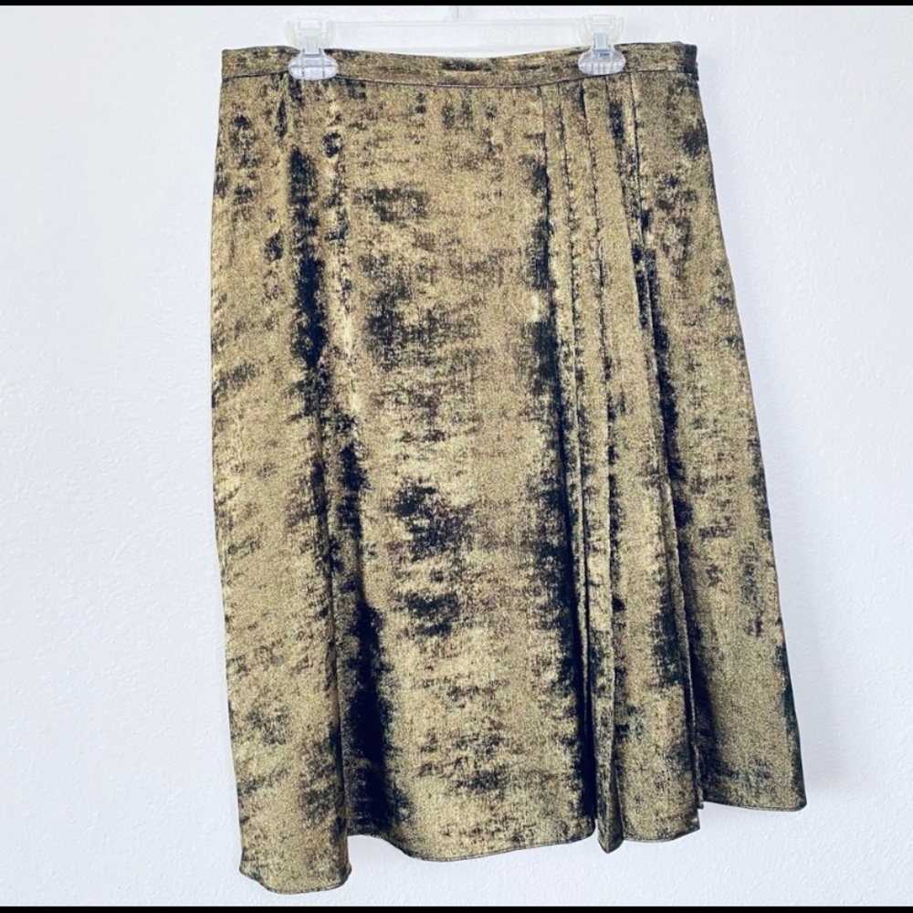 H by Halston NEW Large Shimmer Metallic Gold Pleated Front Swing Midi Skirt